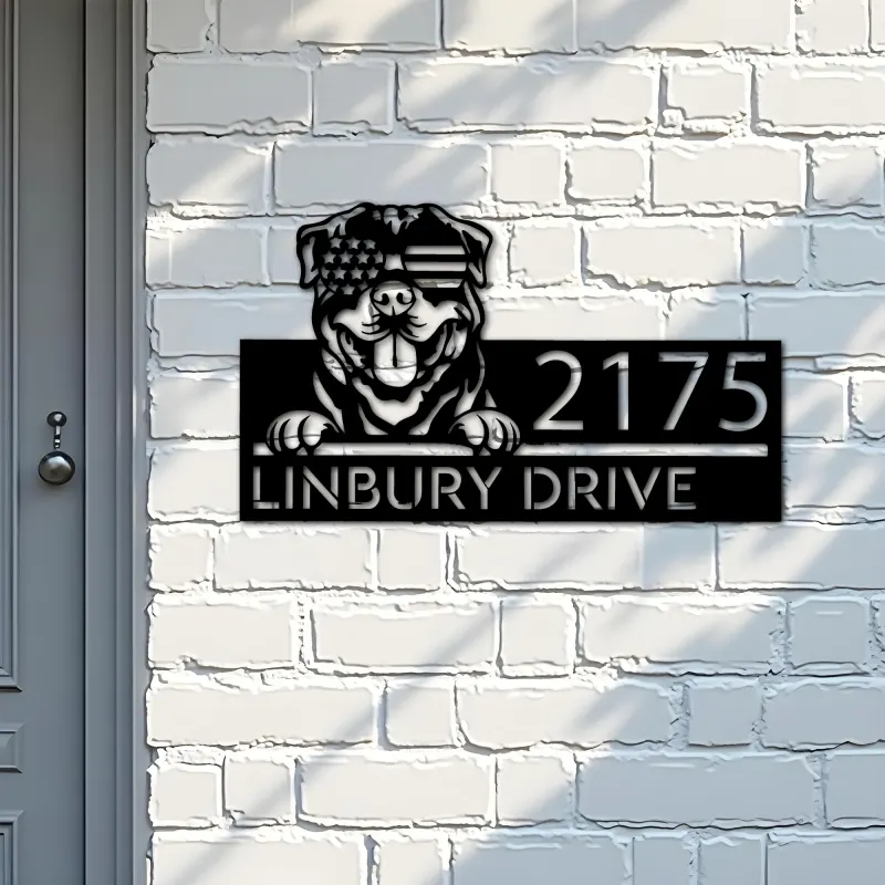 Custom Metal Rottweiler dog US flag glasses Metal Address Sign House number Hanging Address Plaque Yard Sign Outdoor decor