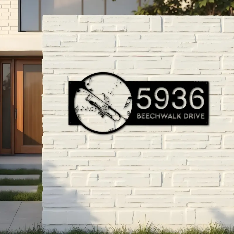 Custom Metal Trumpet musical instrument Metal Address Sign Custom House number Hanging Address Plaque Yard Sign Outdoor Sign