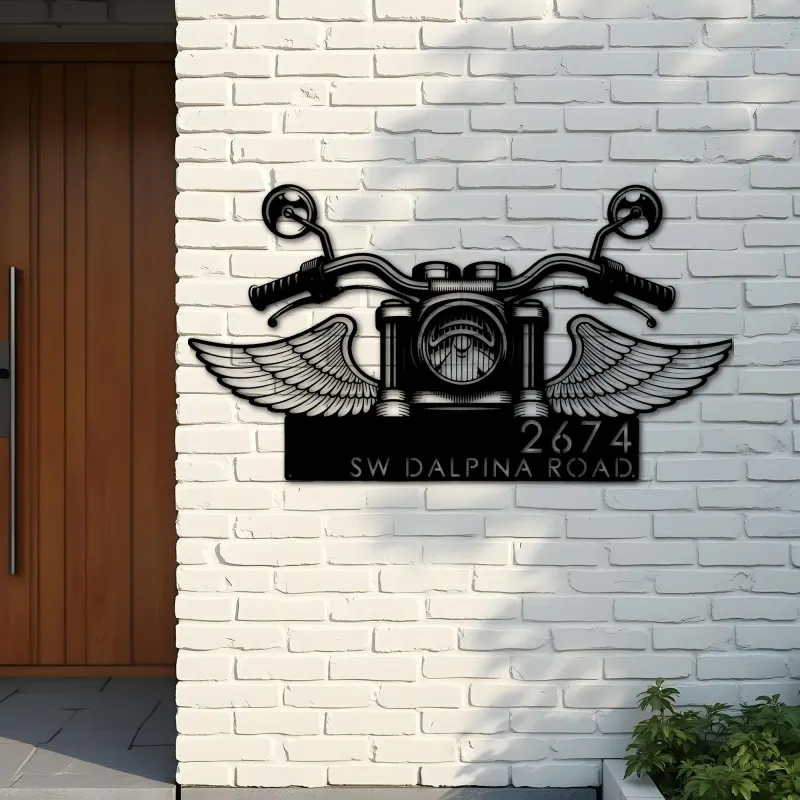 Custom Metal Biker Bike rider Motocycle with wings Metal Address Sign, House number, Outdoor Number Signage, Yard Sign Address Plate