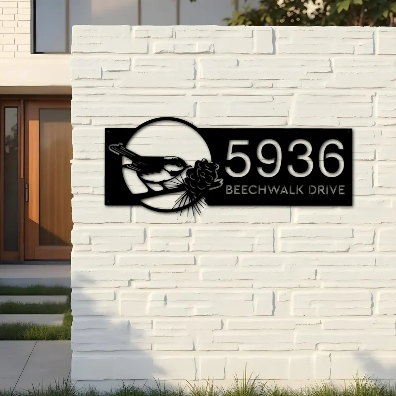 Custom Metal Bird with pinecone Metal Address Sign, House number, Outdoor Number Signage, Yard Sign Address Plate