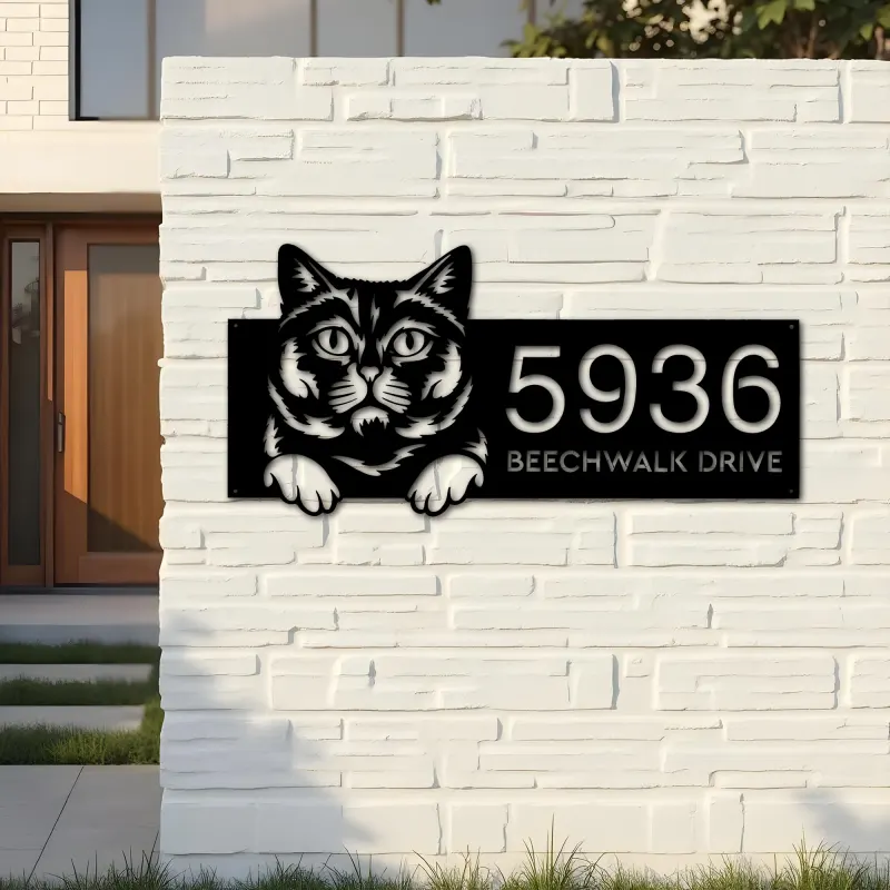 Custom Metal British shorthair Cute peeking cat Metal Address Sign, House number, Outdoor Number Signage, Yard Sign Address Plate