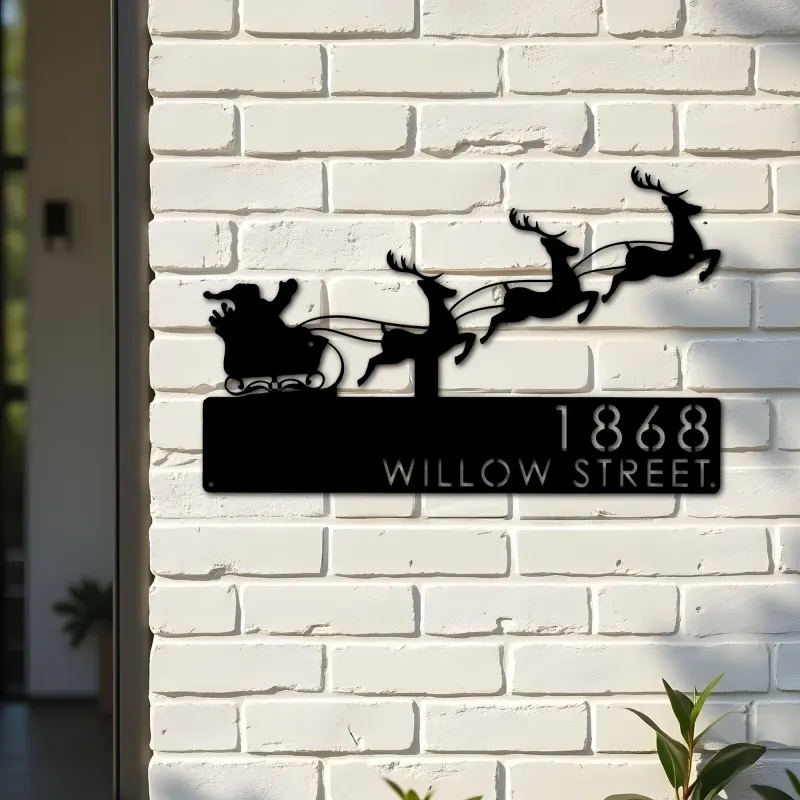 Custom Metal Santa claus Christmas Reindeer sleigh Metal Address Sign, House number, Outdoor Number Signage, Yard Sign Address Plate