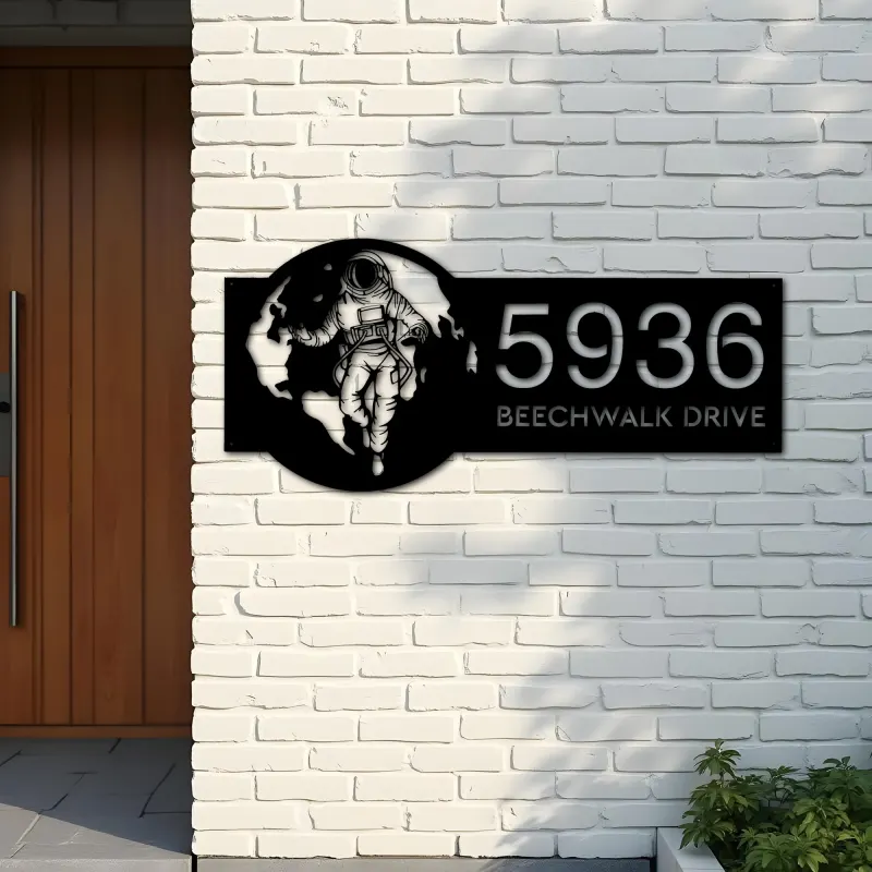 Custom Metal Astronaut on globe spaceman adventure Address Sign House number Hanging Address Plaque Yard Sign Outdoor Sign