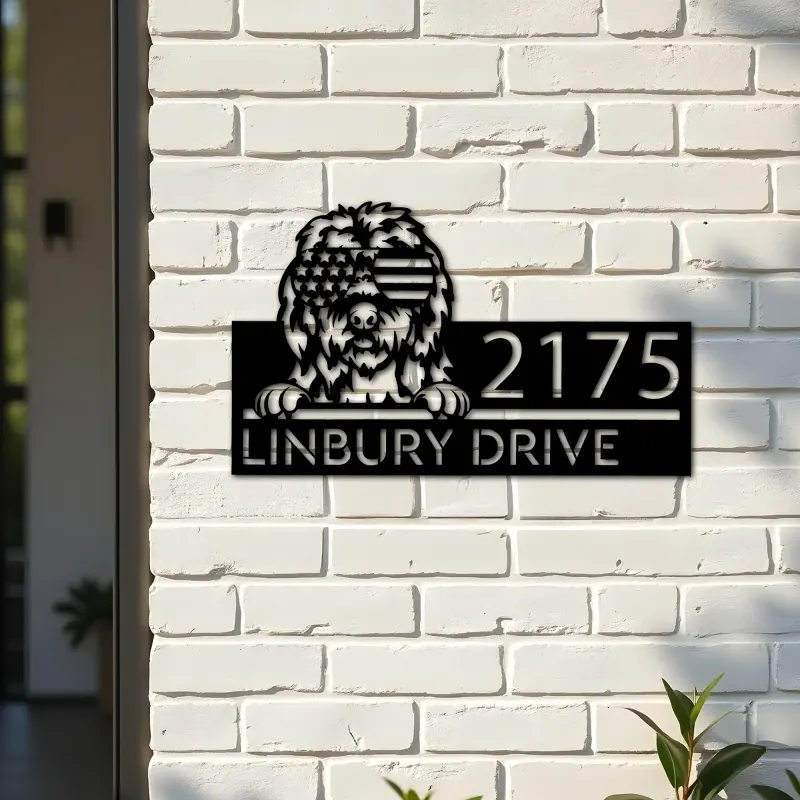Custom Metal Old English Sheepdog US flag glasses Metal Address Sign House number Hanging Address Plaque Yard Outdoor decor