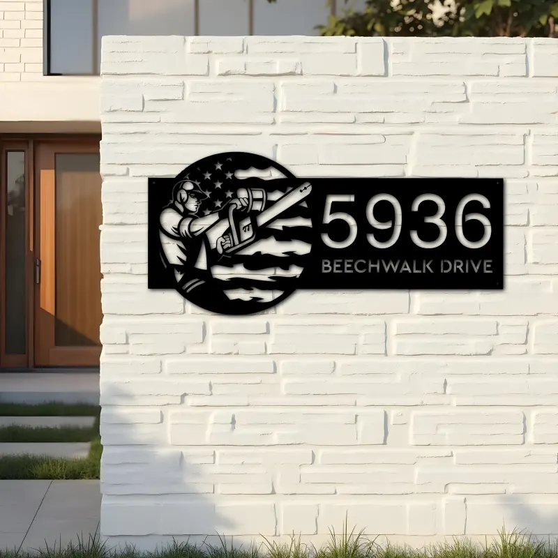 Custom Metal Arborist tree surgeon US flag Metal Address Sign, House number, Outdoor Number Signage, Yard Sign Address Plate