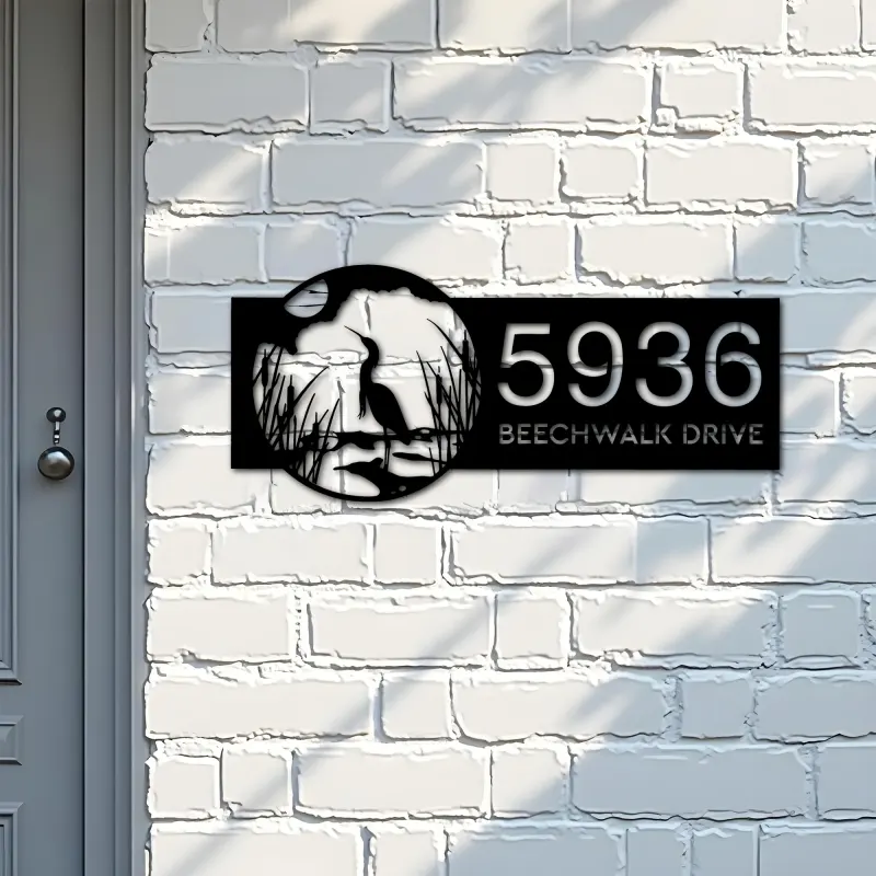 Custom Metal Heron on Lake Metal Address Sign Custom House number Hanging Address Plaque Yard Sign Outdoor
