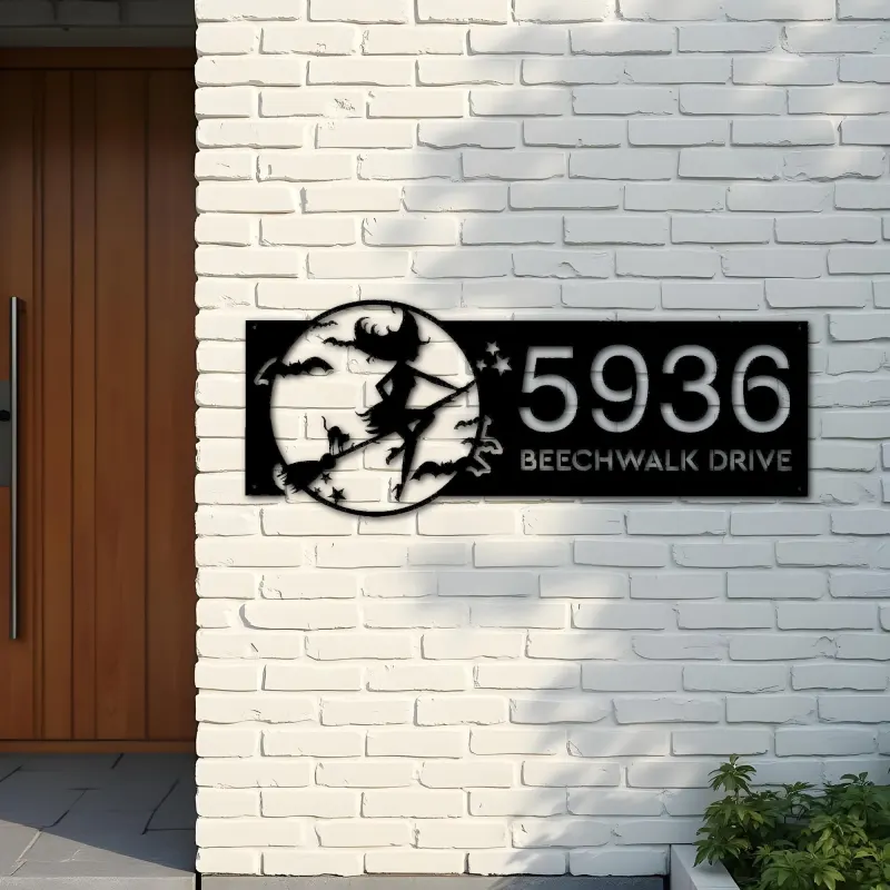 Custom Metal Witch and black cat flying halloween Metal Address Sign House number Hanging Address Plaque Yard Outdoor Sign