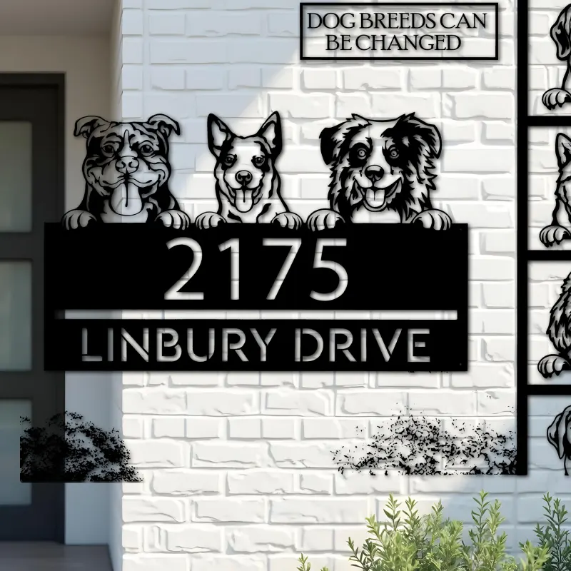 Custom Metal peeking dogs puppy Metal Address Sign House number Hanging Address Plaque Yard Sign Outdoor decor