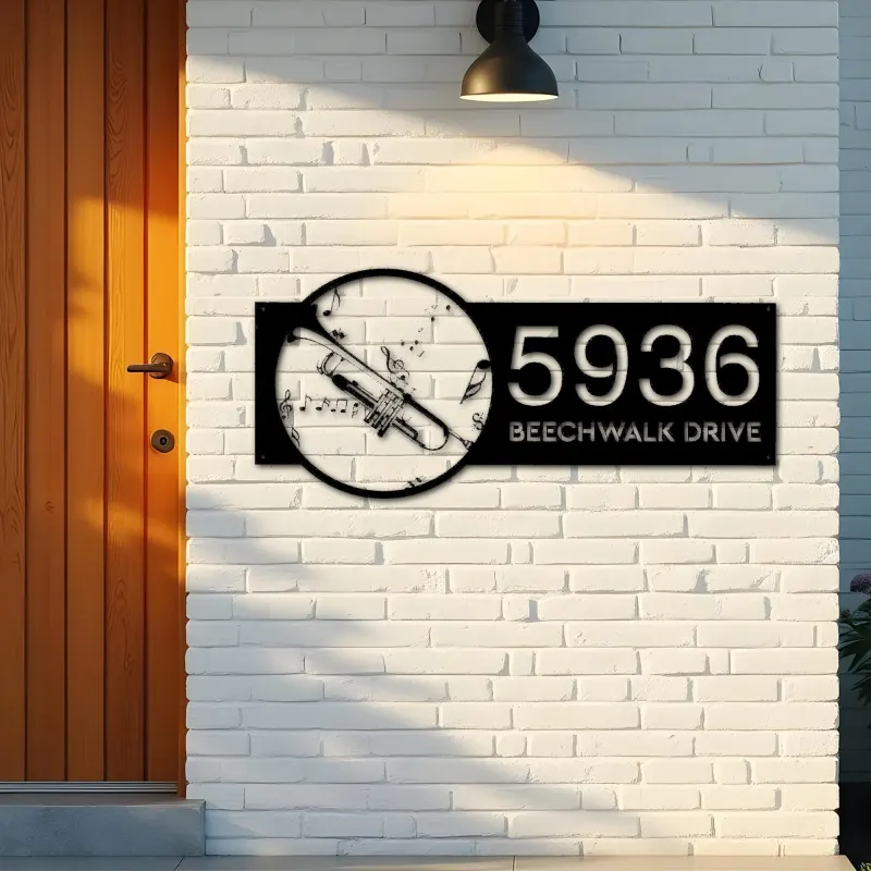 Custom Metal Trumpet musical instrument Metal Address Sign Custom House number Hanging Address Plaque Yard Sign Outdoor Sign