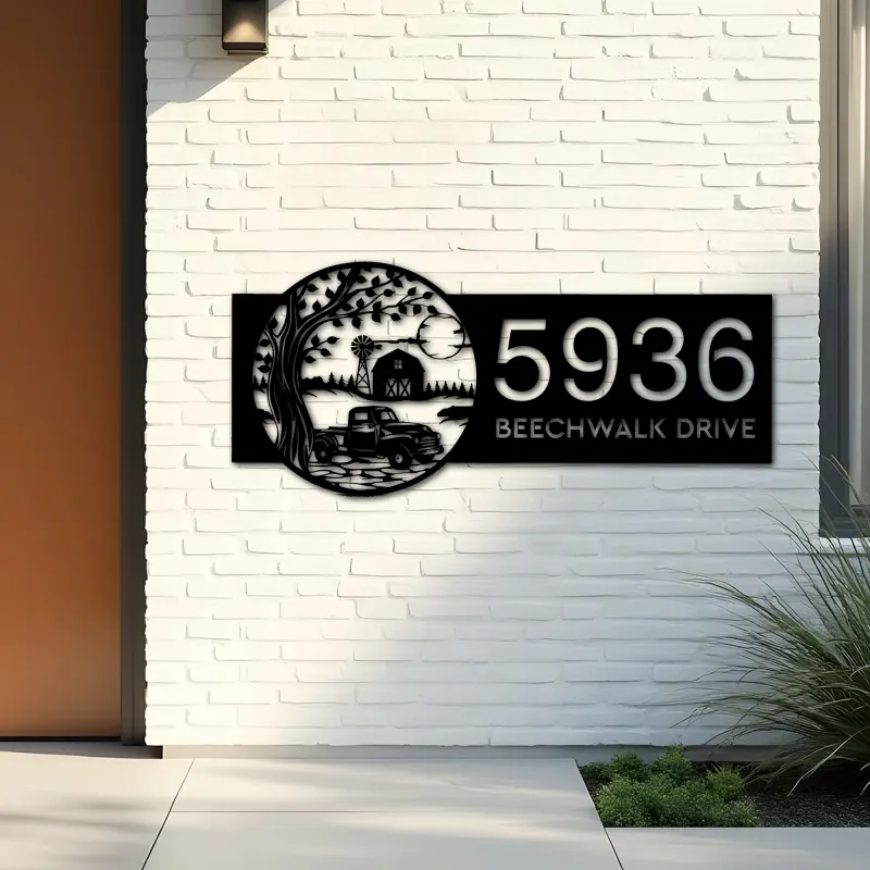 Custom Metal Old Pickup Truck with Farm Metal Address Sign, House number, Outdoor Number Signage, Yard Sign Address Plate