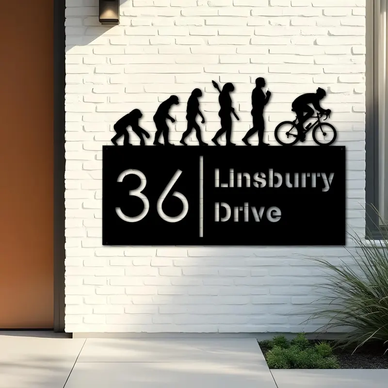 Custom Metal Cycling evolution Bicycle rider Metal Address Sign, House number, Outdoor Number Signage, Yard Sign Address Plate