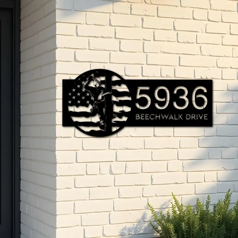 Custom Metal Lineman on a pole US flag Metal Address Sign, House number, Outdoor Number Signage, Yard Sign Address Plate