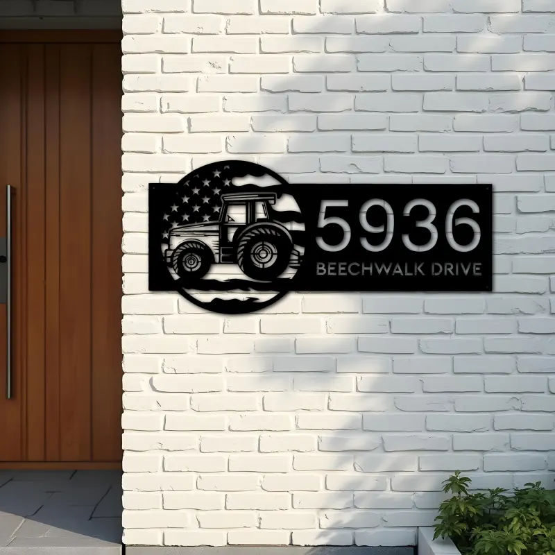 Custom Metal Farm tractor US flag Metal Address Sign Custom House number Hanging Address Plaque Yard Sign Outdoor
