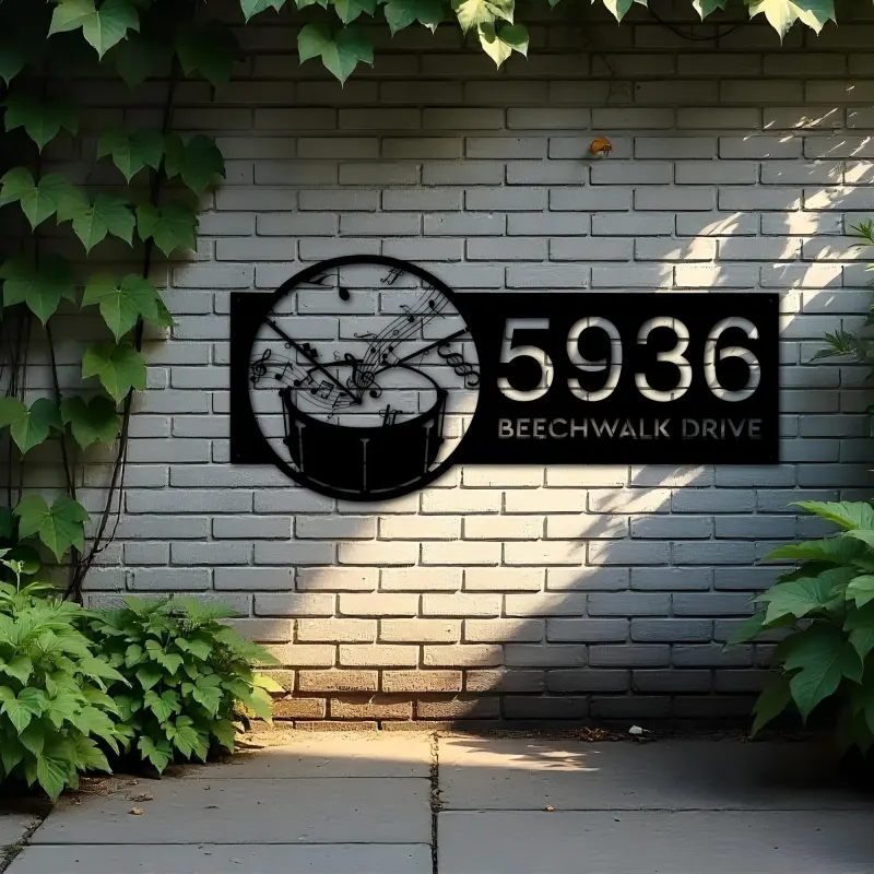 Custom Metal Drum music notes Metal Address Sign Custom House number Hanging Address Plaque Yard Sign Outdoor Sign