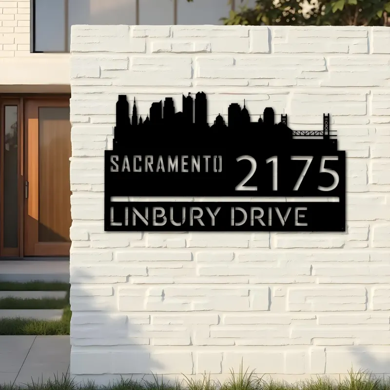 Custom Metal Sacramento city skyline Metal Address Sign Hanging Address Plaque house number Yard Outdoor Sign