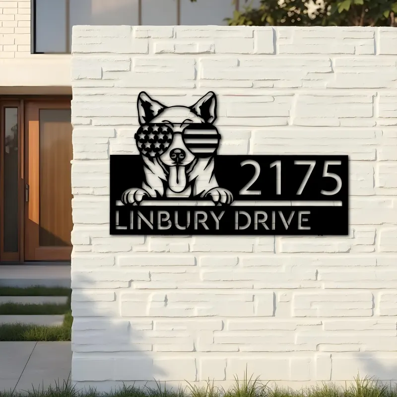 Custom Metal Shiba Inu dog US flag glasses Metal Address Sign House number Hanging Address Plaque Yard Sign Outdoor decor