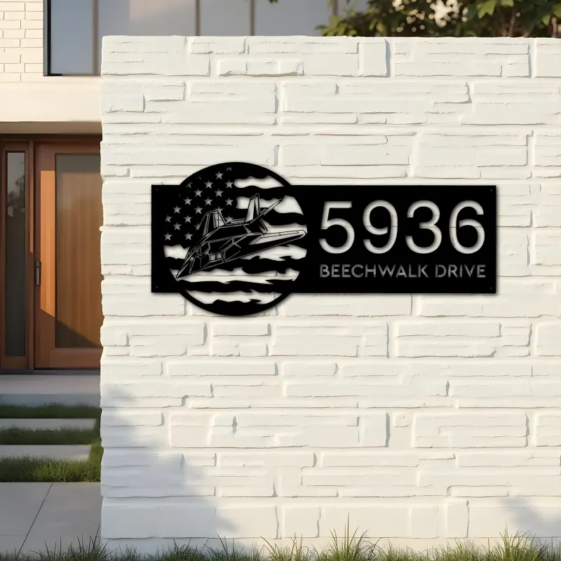 Custom Metal Stealth Fighter Jet airplane US flag Metal Address Sign House number Hanging Address Plaque Yard Sign Outdoor