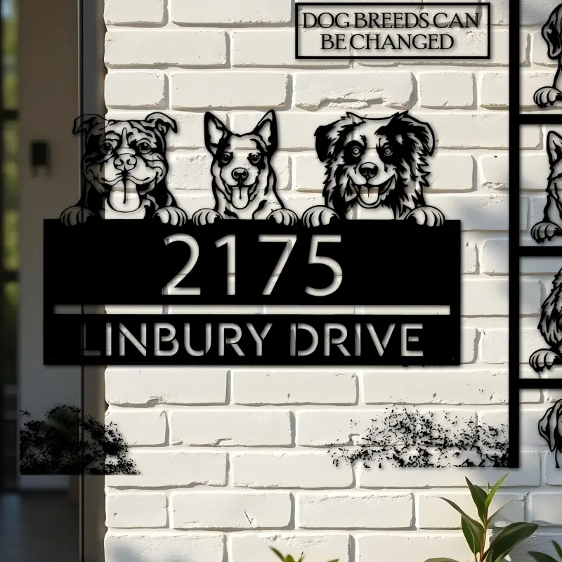 Custom Metal peeking dogs puppy Metal Address Sign House number Hanging Address Plaque Yard Sign Outdoor decor