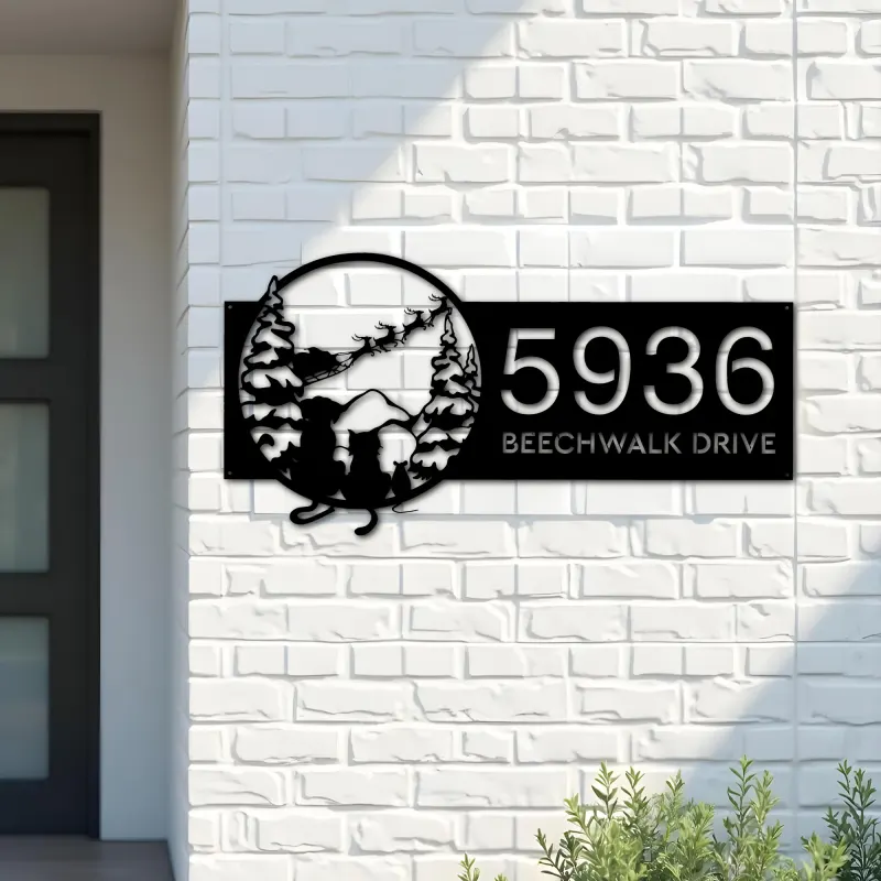 Custom Metal Christmas Dog cat Santa Claus on sleigh Metal Address Sign, House number, Outdoor Number Signage, Yard Sign Address Plate