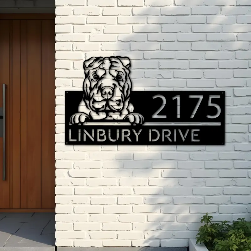 Custom Metal Shar Pei Dog Cute puppy Metal Address Sign House number Hanging Address Plaque Yard Sign Outdoor decor