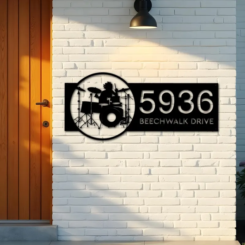 Custom Metal Drummer Drum player musician Metal Address Sign, House number, Outdoor Number Signage, Yard Sign Address Plate