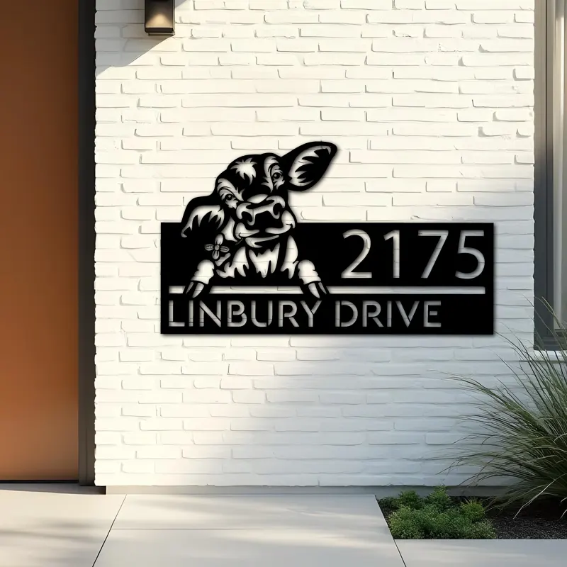 Custom Metal Peeking Calf farm animal ranch Metal Address Sign, House number, Outdoor Number Signage, Yard Sign Address Plate