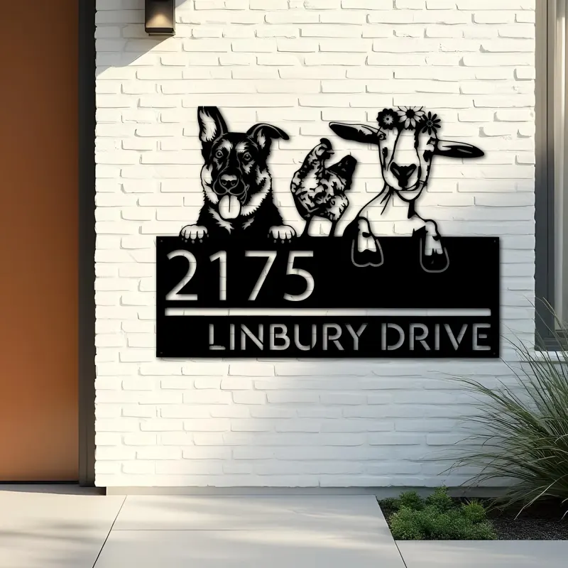 Custom Metal German shepherd chicken and goat Metal Address Sign, House number, Outdoor Number Signage, Yard Sign Address Plate