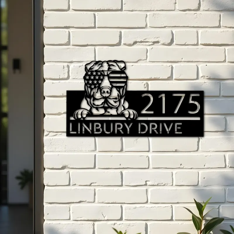 Custom Metal Sharpei dog US flag glasses Metal Address Sign House number Hanging Address Plaque Yard Sign Outdoor decor