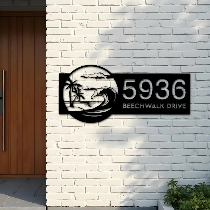 Custom Metal Waves palm tree Metal Address Sign, House number, Outdoor Number Signage, Yard Sign Address Plate