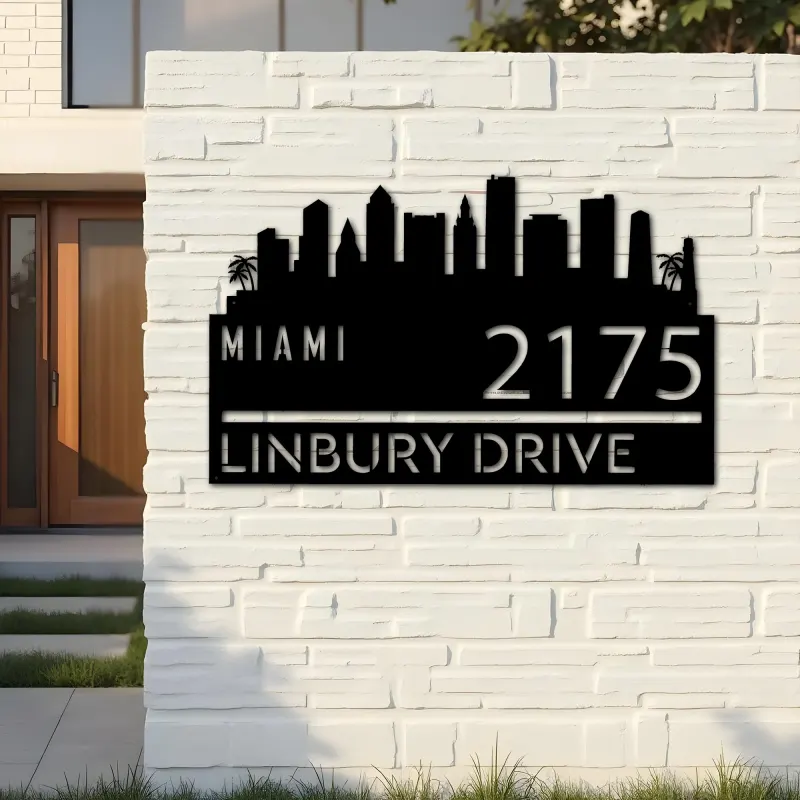 Custom Metal Miami city skyline Metal Address Sign Hanging Address Plaque house number Yard Outdoor Sign