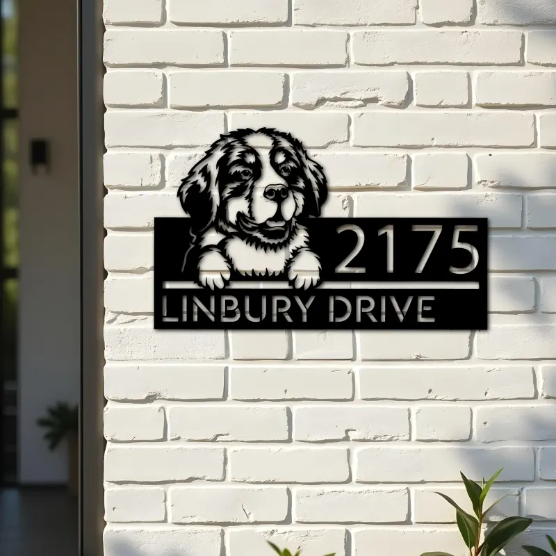 Custom Metal Bernese Mountain dog Puppy Metal Address Sign House number Hanging Address Plaque Yard Sign Outdoor decor
