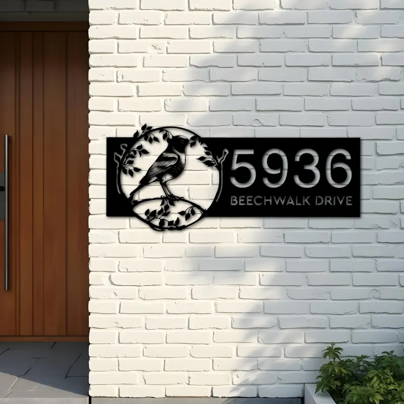 Custom Metal Robin Bird on floral wrealth Metal Address Sign, House number, Outdoor Number Signage, Yard Sign Address Plate
