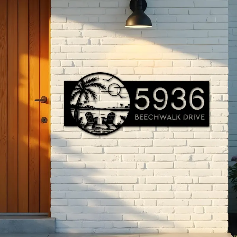 Custom Metal Palm Tree Chairs on Beach Sunset Metal Address Sign Custom House number Hanging Address Plaque Yard Sign Outdoor