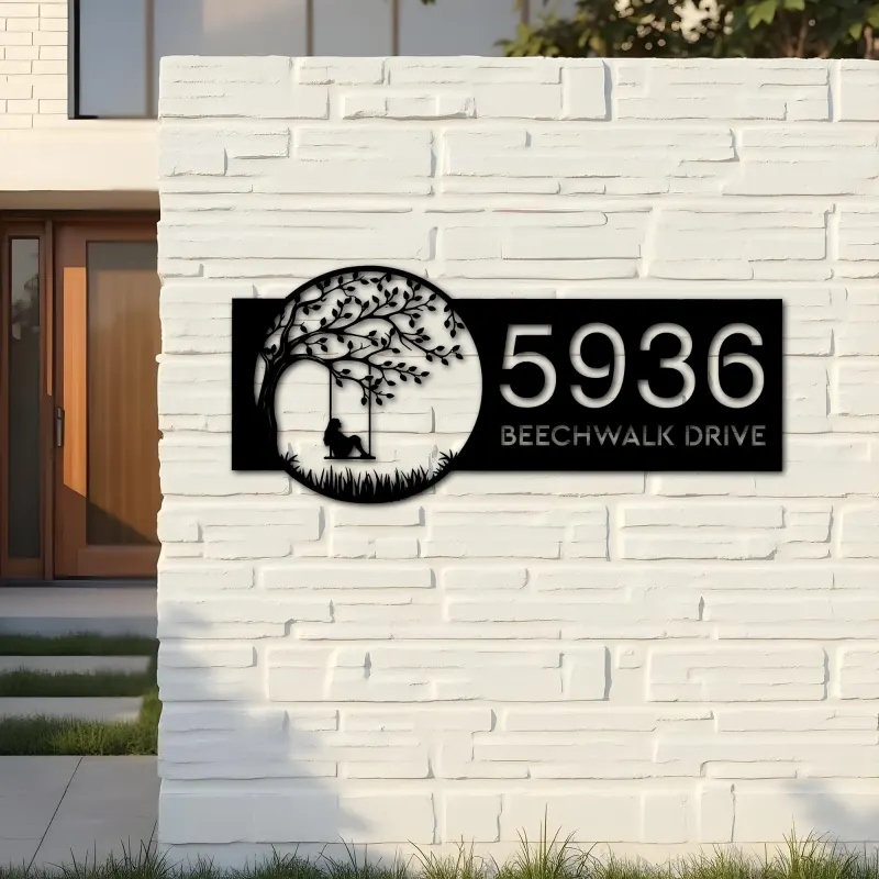 Custom Metal Girl on Swing Metal Address Sign, House number, Outdoor Number Signage, Yard Sign Address Plate