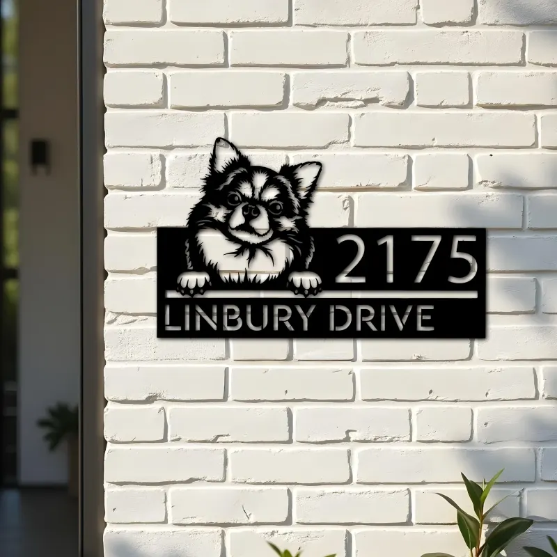Custom Metal Chihuahua Long haired dog Puppy Metal Address Sign House number Hanging Address Plaque Yard Sign Outdoor decor