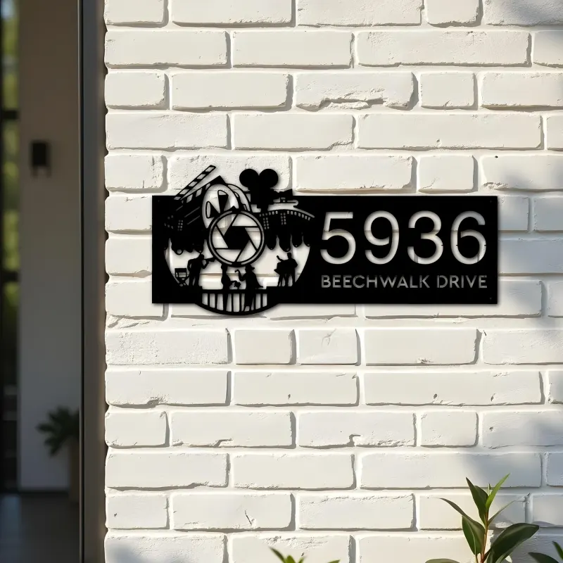 Custom Metal Cinema movie camera Metal Address Sign Custom House number Hanging Address Plaque Yard Sign Outdoor