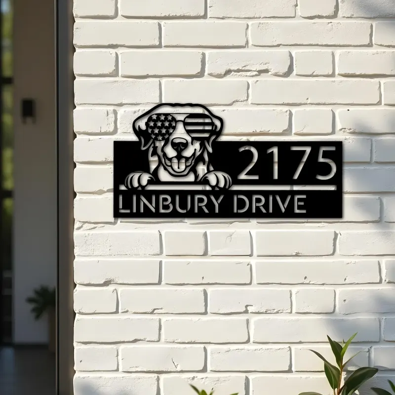 Custom Metal Golden Retriever dog US glasses Metal Address Sign House number Hanging Address Plaque Yard Sign Outdoor decor