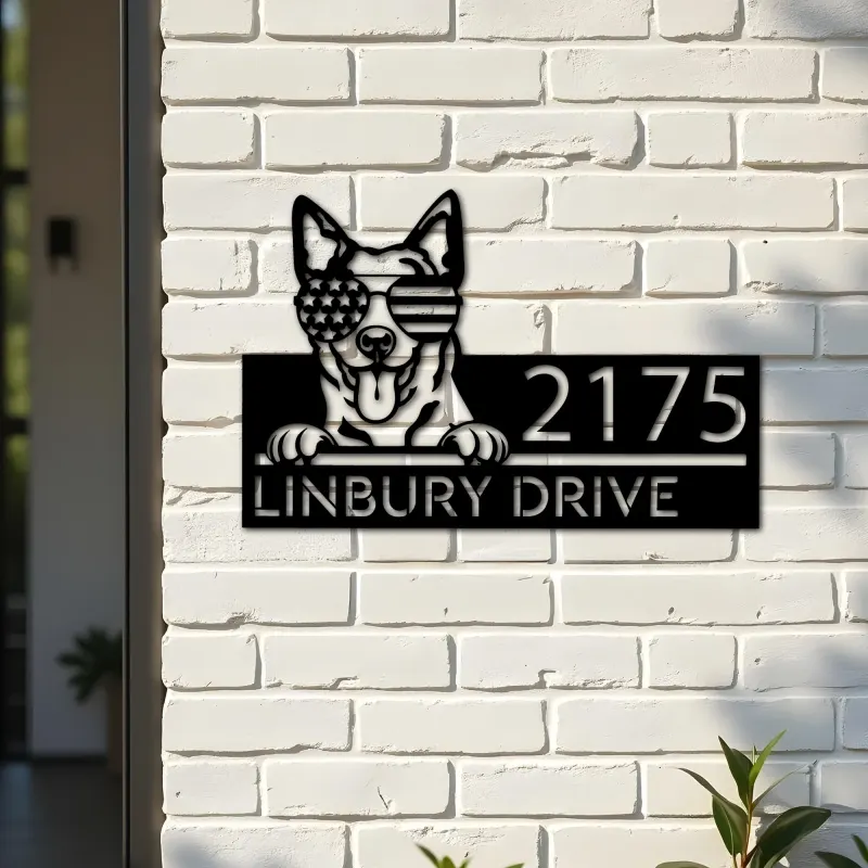 Custom Metal Australian Cattle dog US glasses Metal Address Sign House number Hanging Address Plaque Yard Sign Outdoor decor