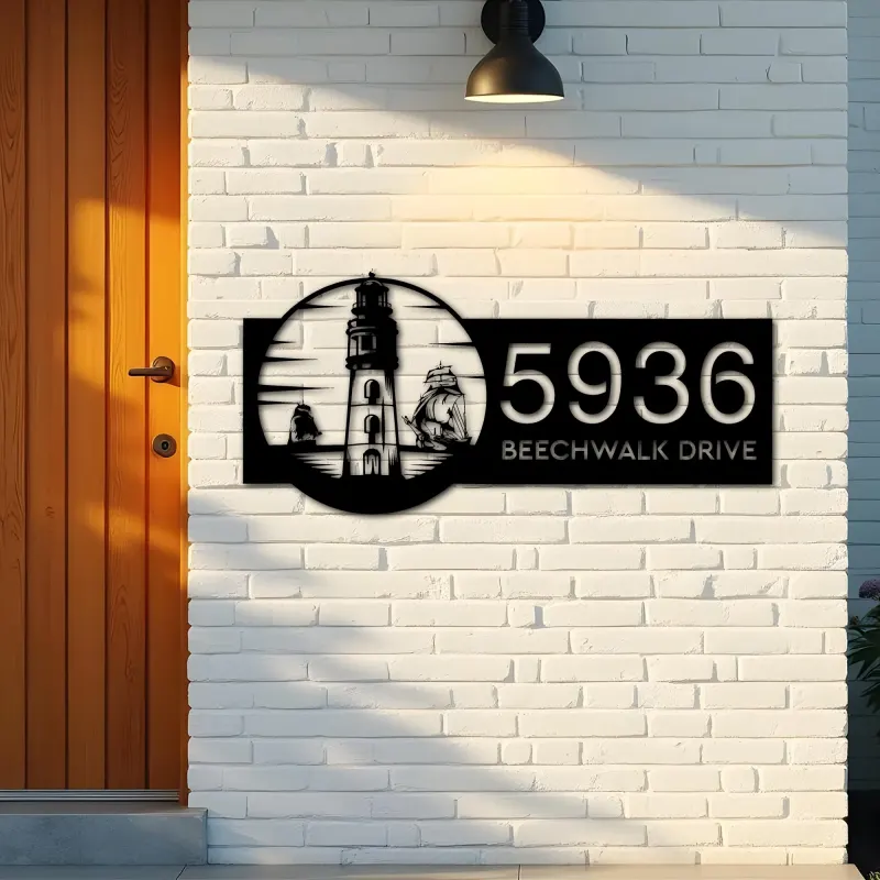 Custom Metal Lighthouse and ship sea adventure Metal Address Sign, House number, Outdoor Number Signage, Yard Sign Address Plate