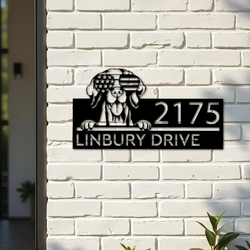 Custom Metal Vizsla dog US flag glasses Metal Address Sign House number Hanging Address Plaque Yard Sign Outdoor decor
