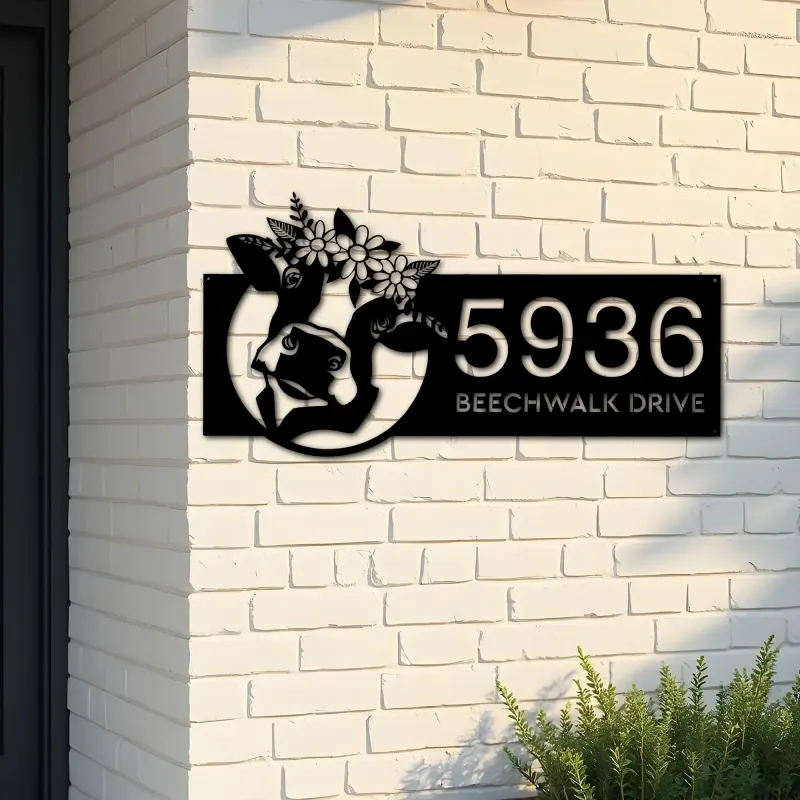 Custom Metal Floral Cow Ranch farmhouse farm animal Metal Address Sign, House number, Outdoor Number Signage, Yard Sign Address Plate