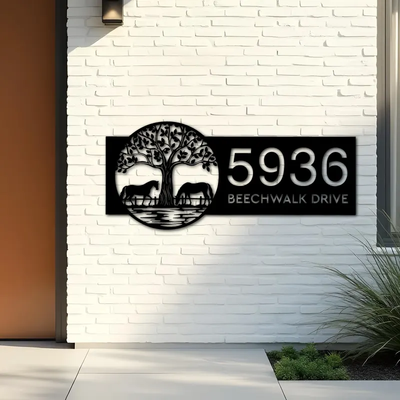 Custom Metal Leafy Tree and Couple Horses Metal Address Sign Custom Hanging Address Plaque House number Yard Sign Outdoor Sign
