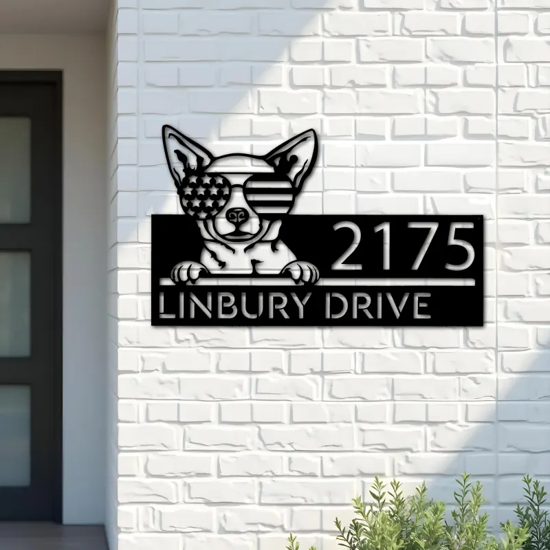 Custom Metal Chihuahua dog US flag glasses Metal Address Sign House number Hanging Address Plaque Yard Sign Outdoor decor