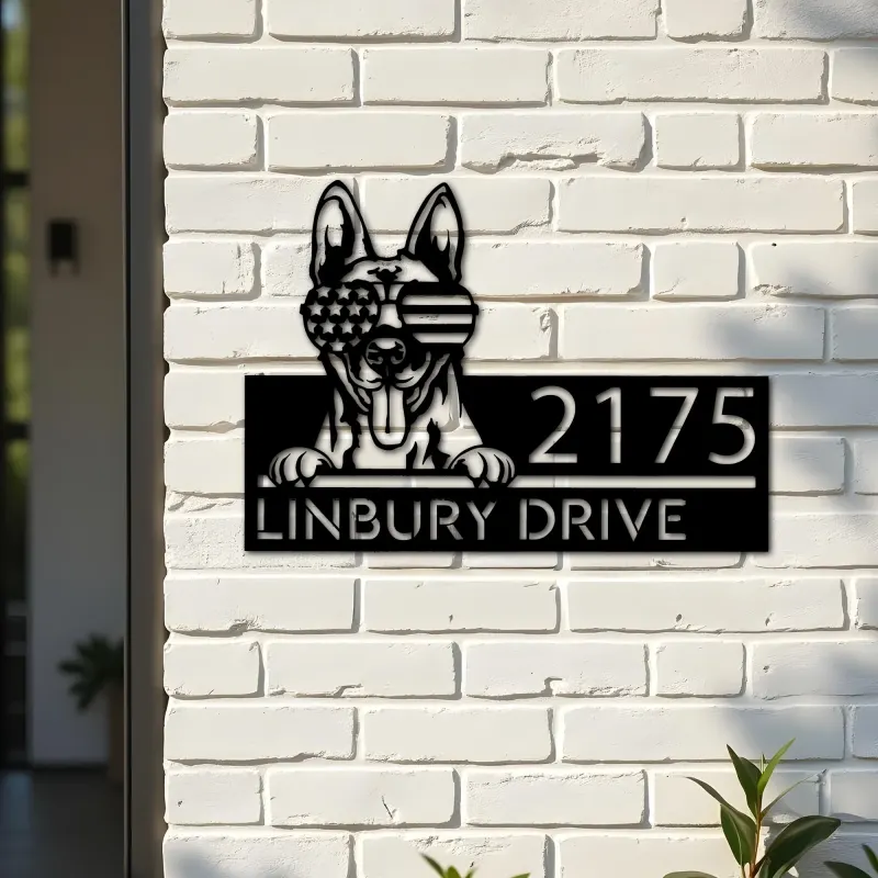 Custom Metal Belgian Malinois dog US glasses Metal Address Sign House number Hanging Address Plaque Yard Sign Outdoor decor
