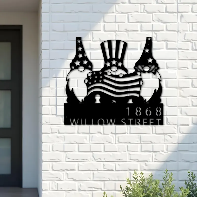 Custom Metal Gnomes 4th of July patriotic Metal Address Sign, House number, Outdoor Number Signage, Yard Sign Address Plate