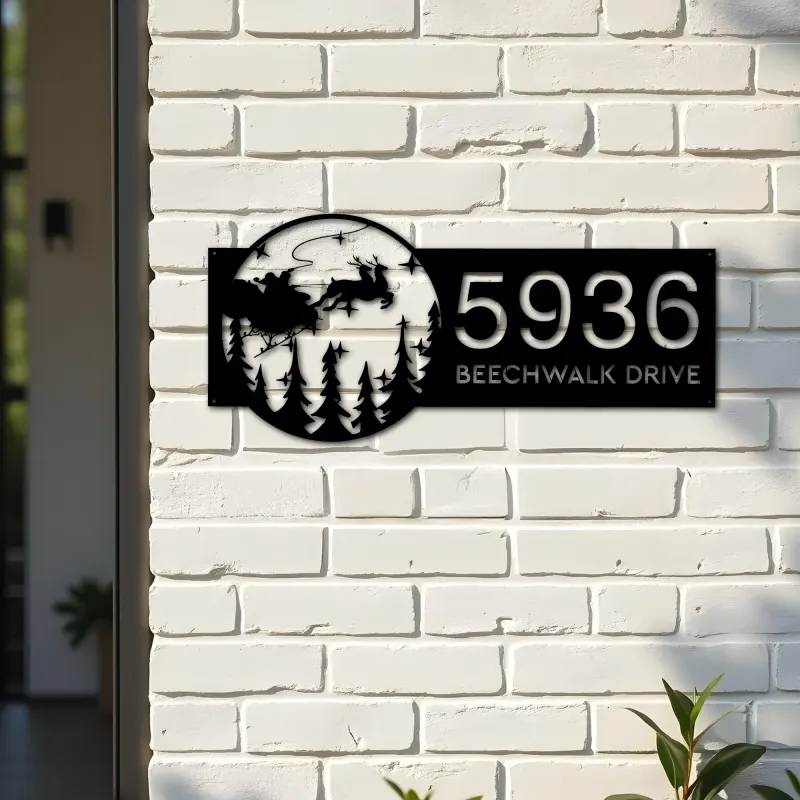 Custom Metal Santa Claus flying on sleigh Christmas Metal Address Sign, House number, Outdoor Number Signage, Yard Sign Address Plate