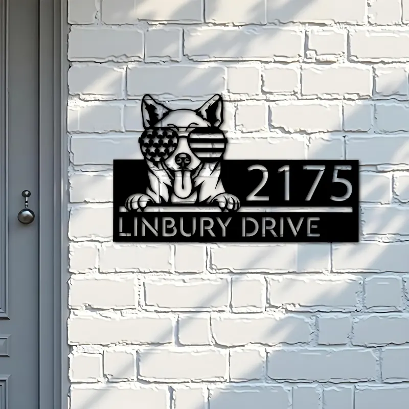 Custom Metal Shiba Inu dog US flag glasses Metal Address Sign House number Hanging Address Plaque Yard Sign Outdoor decor