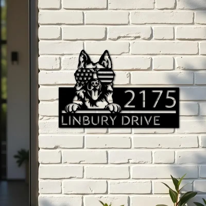 Custom Metal German Shepherd dog US flag glasses Metal Address Sign House number Hanging Address Plaque Yard Sign Outdoor decor