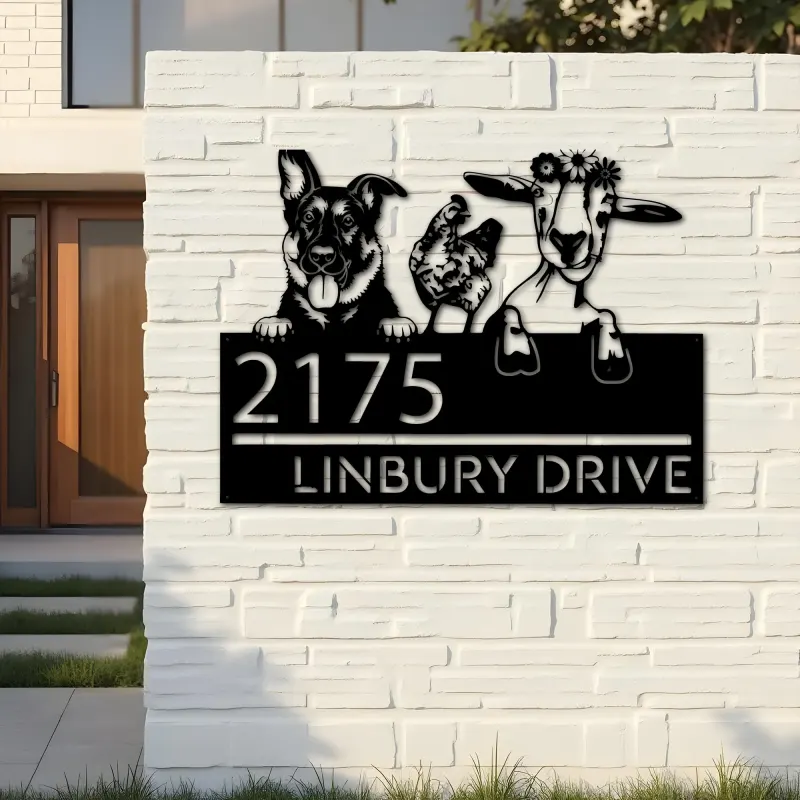 Custom Metal German shepherd chicken and goat Metal Address Sign, House number, Outdoor Number Signage, Yard Sign Address Plate
