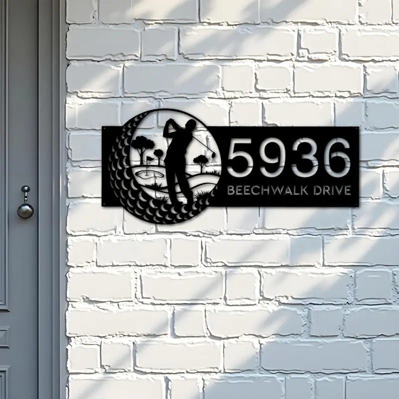 Custom Metal Golfer Golf Club Metal Address Sign, House number, Outdoor Number Signage, Yard Sign Address Plate